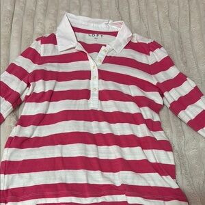 LOFT Pink and White Striped Polo Shirt